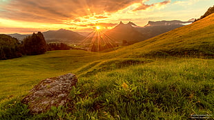 grass fields near mountains during sunset