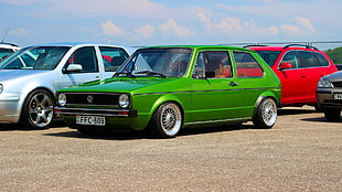 green Volkswagen 3-door hatchback, Volkswagen, Stance, Golf 1, car