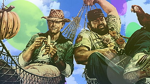 painting of two men on hammocks, movies, Terence Hill, Bud Spencer HD wallpaper