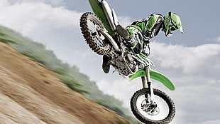 green and white dirt bike, motorcycle, vehicle, helmet, sport  HD wallpaper