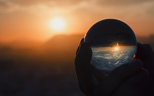 men's black crew-neck shirt, sunset, sphere, reflection