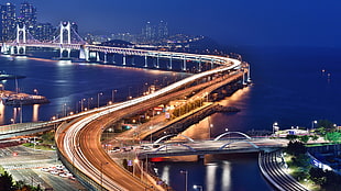 gray concrete bridge, night, road, photography, South Korea HD wallpaper