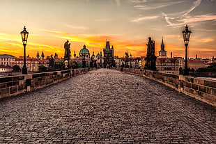 concrete bridge with post lamps during golden hour