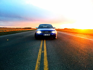 blue car, Audi, sunset, road HD wallpaper