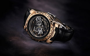 round black and gold-colored mechanical watch with leather strap, clocks, watch, Ulysse Nardin HD wallpaper