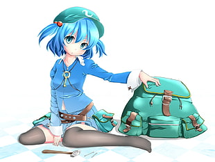 woman anime character wearing blue long-sleeved top and green cap beside bag HD wallpaper