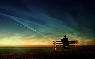person on brown bench wallpaper, bench, people, water, clouds HD wallpaper