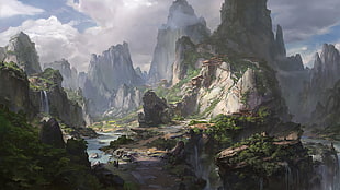 mountain ranges illustration, digital art, mountains, Asian architecture HD wallpaper
