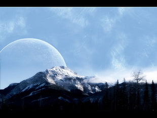 mountain covered with snow, fantasy art, space, mountains, sky HD wallpaper