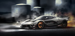 black sports car, Ferrari FXXK, car, motion blur, Ferrari HD wallpaper