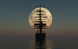 silhouette of ship during full moon digital wallpaper, ship, Moon, horizon, sailing ship HD wallpaper