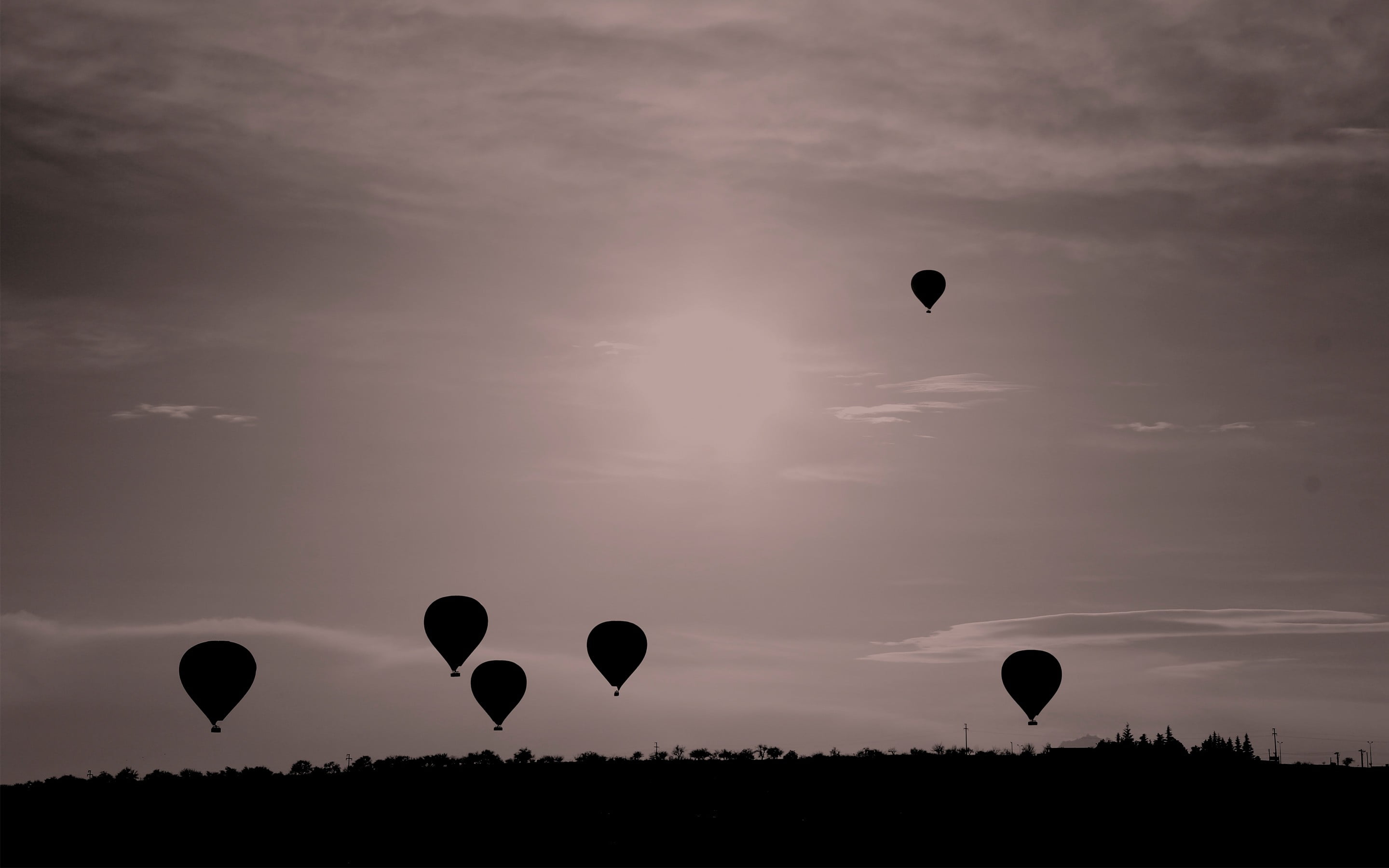 six hot air balloons, balloon, sky, landscape, flying