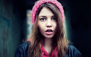 woman with pink beanie showing face HD wallpaper