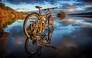 black, white, and orange mountain bike, bicycle, water, landscape, reflection HD wallpaper