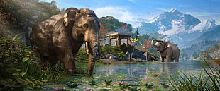 two elephants doing bath during daytime with alps background digital artwork HD wallpaper