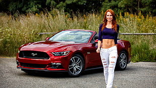 red Ford Mustang, belly, redhead, Ford Mustang, crop top HD wallpaper