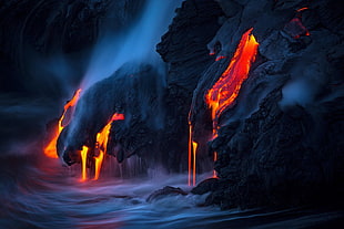lava flood near sea illustration HD wallpaper