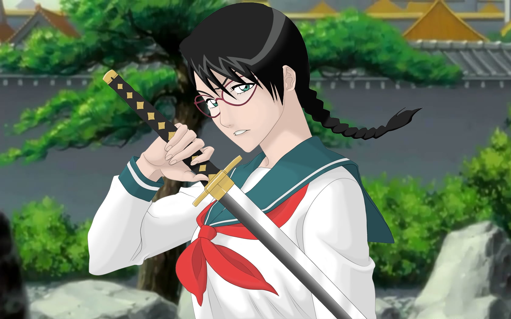 black haired swordswoman anime character