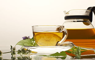 clear glass cup on clear glass saucer