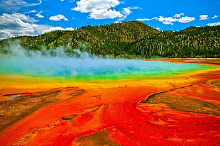 orange and blue body of water, nature, Yellowstone National Park HD wallpaper