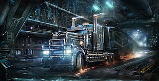 gray freight truck digital wallpaper, cyberpunk, trucks, Kenworth, futuristic HD wallpaper