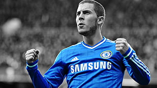 men's blue long-sleeved jersey shirt, Eden Hazard, Chelsea FC, selective coloring, men HD wallpaper