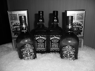 Grayscale photo of  two Jack Daniel and Chivas Regal HD wallpaper