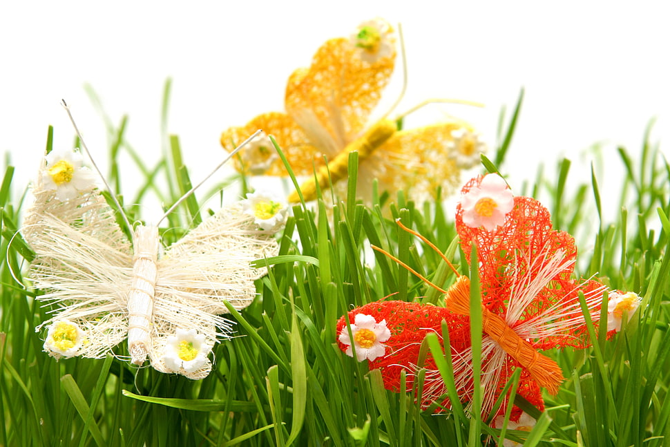 several artificial yellow, red, and white butterfly ornaments HD wallpaper