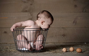 photography of baby on basket HD wallpaper