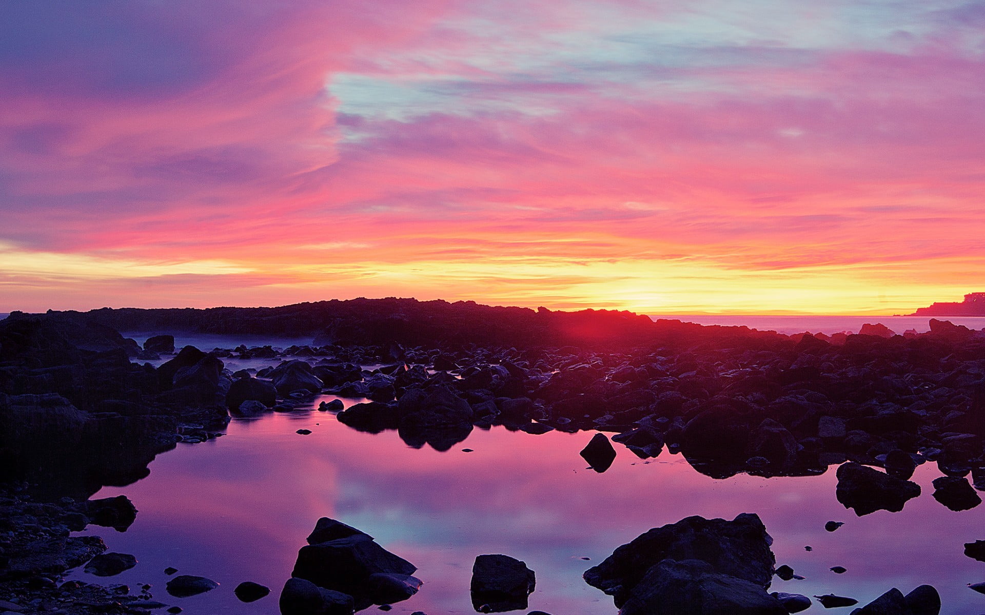 silhouette of mountain hill, sunset, water, stones, nature