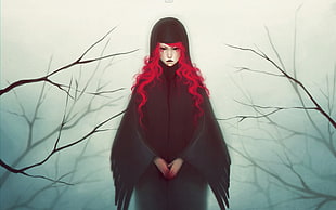 red-haired female wearing black cloak digital wallpaper, artwork HD wallpaper