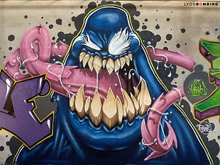 blue monster with long tongue graffiti artwork, graffiti, Venom, wall HD wallpaper