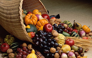 basket of assorted-color fruits, baskets, pumpkin, apples, grapes HD wallpaper