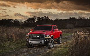 red Dodge Ram crew cab pickup truck, car, Dodge RAM, pickup trucks, forest HD wallpaper