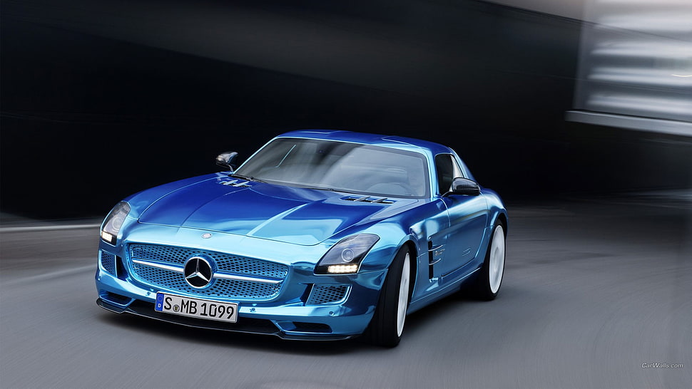 blue Mercedes-Benz coupe, Mercedes SLS, Mercedes-Benz, car, blue cars HD wallpaper