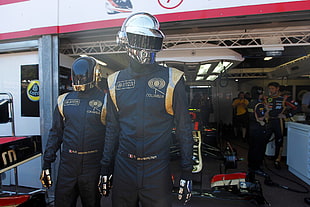 two black-and-brown racer overalls, Daft Punk, Lotus Renault F1, Formula 1, celebrity HD wallpaper