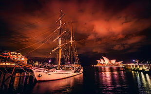 white sail ship, sailing ship, sea, night, sky HD wallpaper
