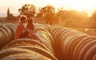 men's brown t-shirt, couple, love, kissing, sunset