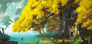 yellow petaled trees near castle painting HD wallpaper