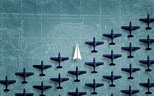 white and black airplane decors, digital art, minimalism, aircraft, paper planes