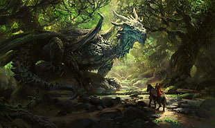 man riding horse in front of dragon digital wallpaper, dragon, horse, nature, warrior