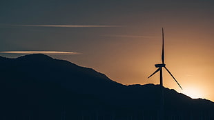 silhouette of wind mill near mountgain during golden hour, photography, sunset, landscape, windmill HD wallpaper