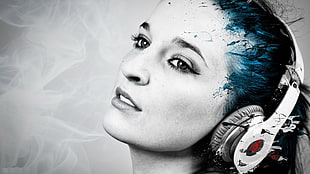 woman wearing white Beats headphones HD wallpaper