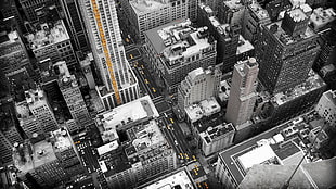 highrise buildings, city, aerial view, cityscape, selective coloring HD wallpaper