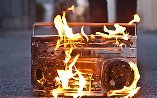 gray boombox on flame, fire, music, stereos, melting HD wallpaper