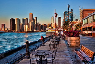brown wooden bench, cityscape, Chicago, pier HD wallpaper