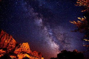 mountains, sky, and trees wallpaper, landscape, stars, nature