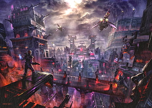 game illustration, science fiction, rain, futuristic city