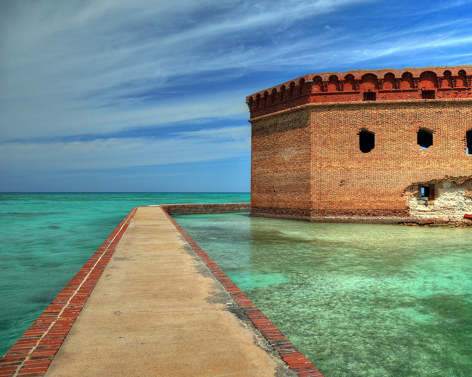 brown concrete dock, sea, Dry Tortugas National Park HD wallpaper