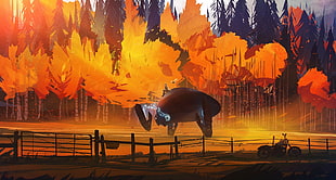 motorcycle parked near wooden fence and robot on field near orange trees illustration, illustration, fantasy art, sunset, bonsai HD wallpaper